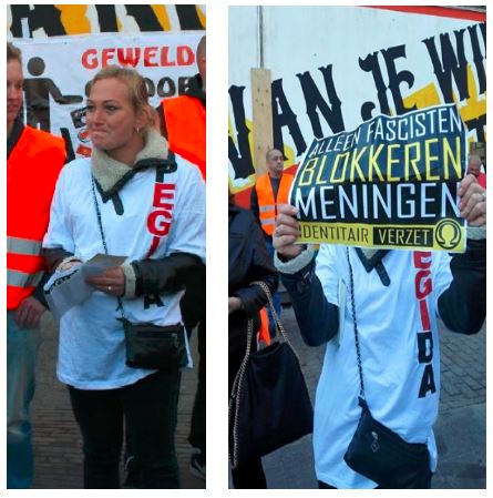 Identitair Resistance activist Femke den Hoed of Pegida organization runs around with Identitair protest posters and stickers.