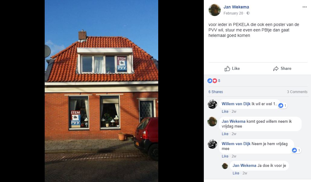Jan Wekema biedt PVV posters aan, 20 februari 2018